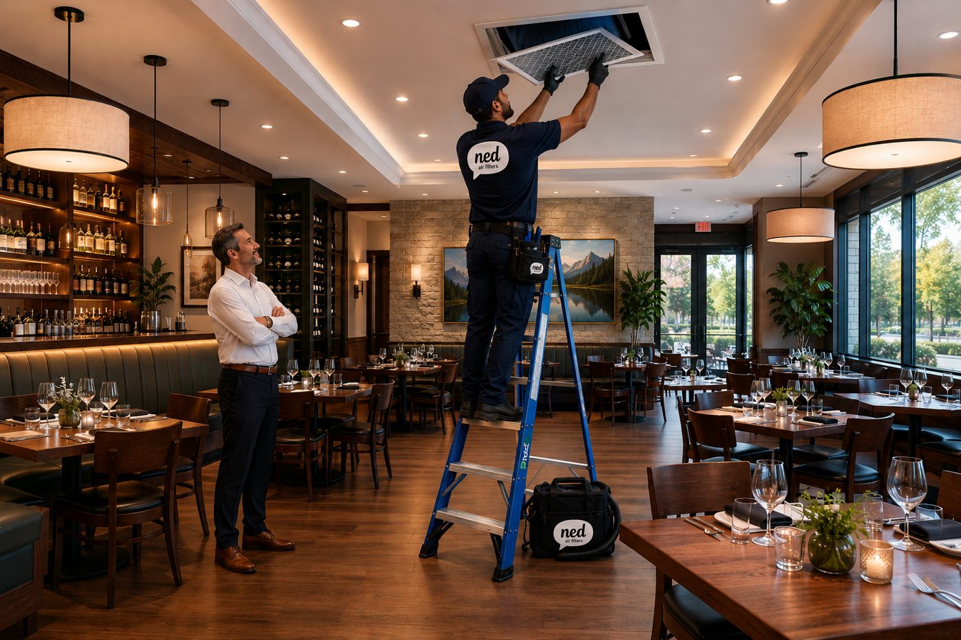 Illustration of a Ned Air Filters technician on a ladder removing an AC filter from a ceiling return air grille in a restaurant
