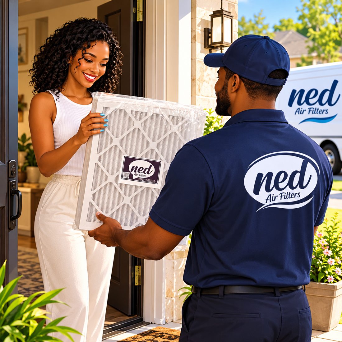 Illustration of a Ned Air Filters driver handing a new pleated AC filter to a smiling homeowner at her front door