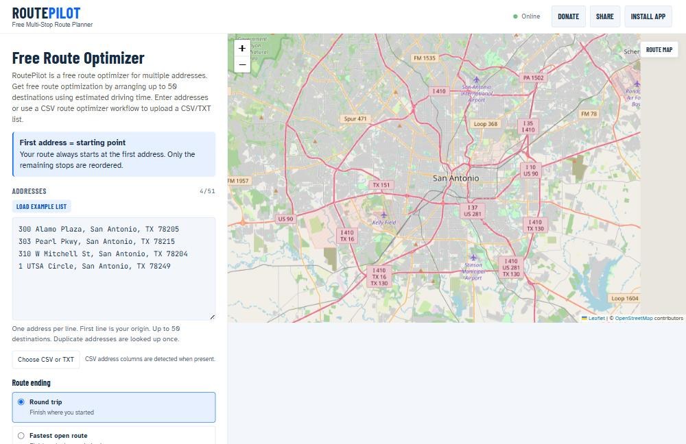 RoutePilot home screen with a list of San Antonio addresses entered next to a map of the city