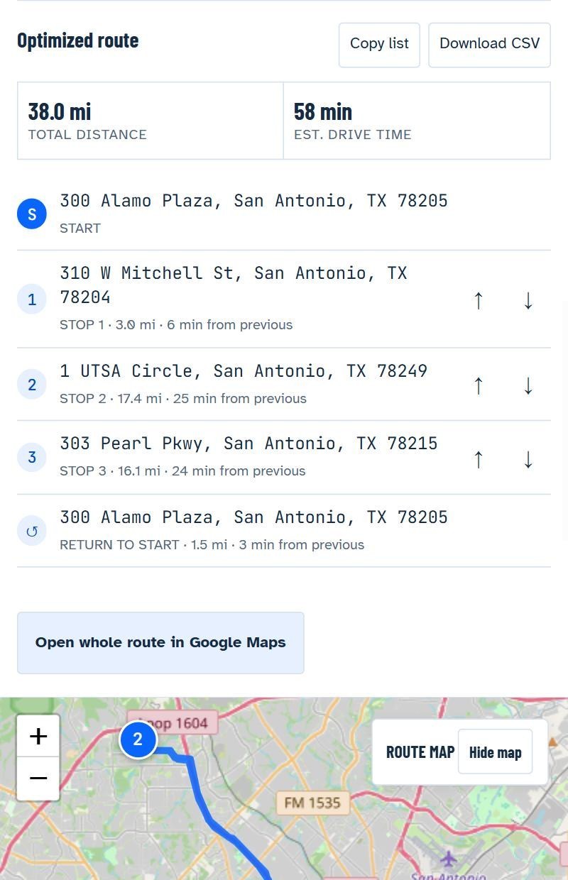 RoutePilot on a phone showing an optimized stop list: 38.0 miles, 58 minutes, with each stop's distance and drive time